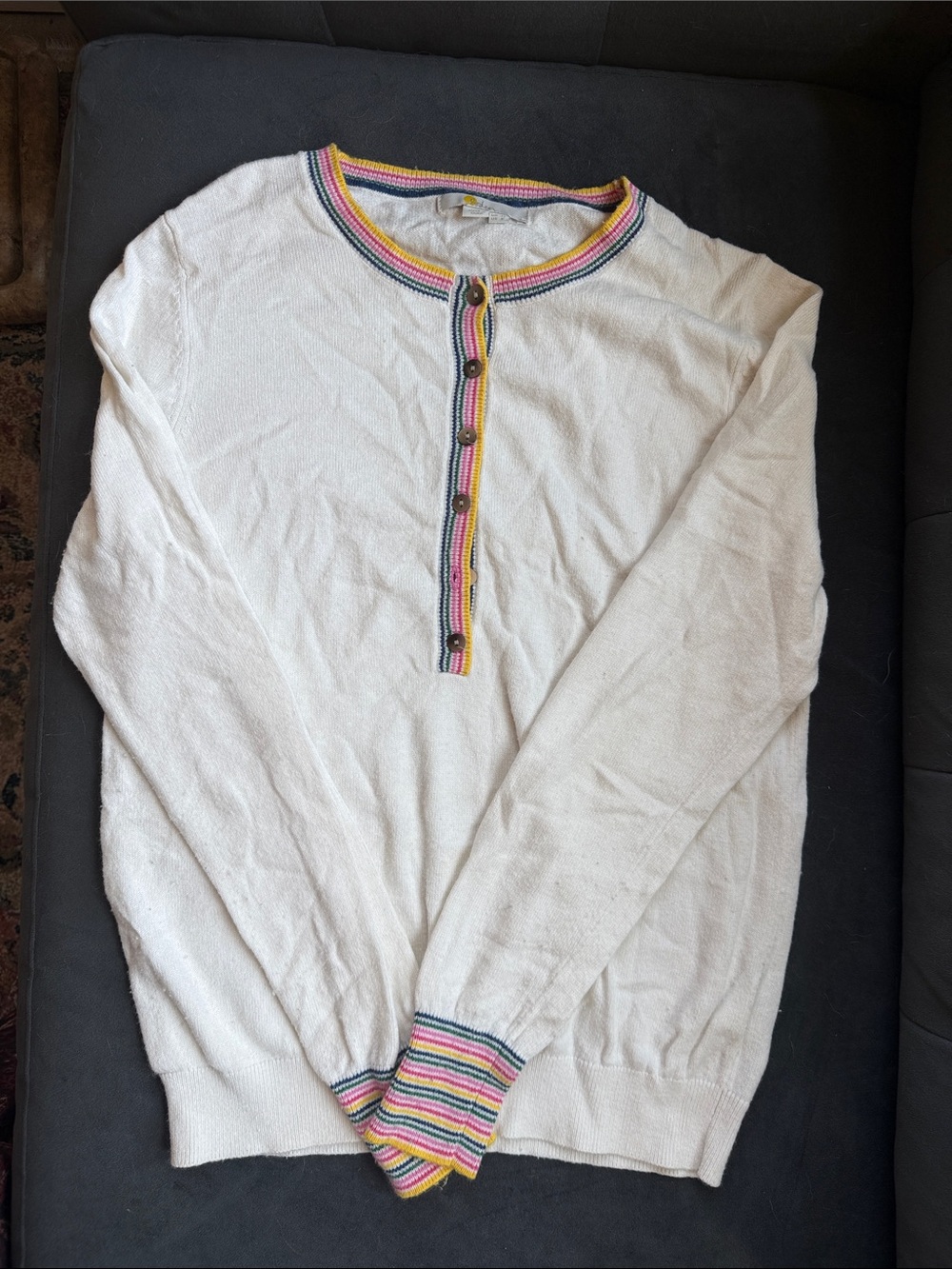 Women’s  White Knit Henley Sweater with Multicolor Trim from Boden  (US 8)